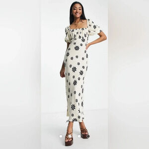 ASOS DESIGN Tall square neck midi dress elastic detail cream/black floral print